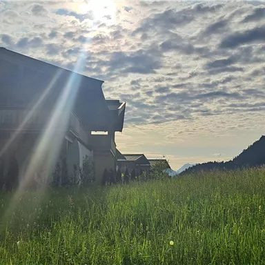 A charming house on a green meadow under a cloudy sky. The sun shines through the clouds, giving the scene a warm glow.