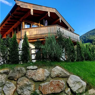 A beautiful house with wood cladding and a balcony.
Surrounded by green meadows and trees under a blue sky.