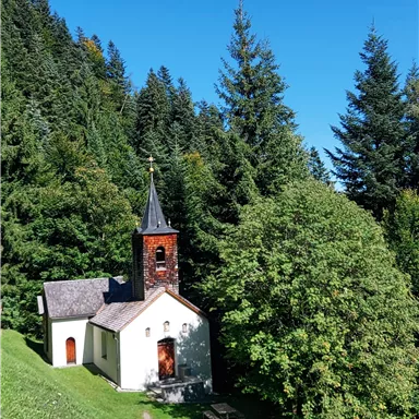 A small church surrounded by tall trees and green meadows. The sky is clear and blue.