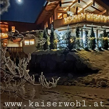 A cozy, illuminated chalet in winter, surrounded by snow. The moon shines brightly over the building.