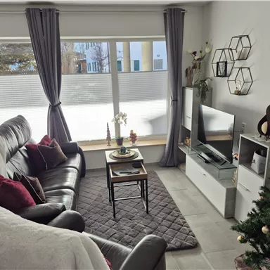 A cozy living room with a dark couch, a small table, and a television. A Christmas tree stands in the room and large windows provide plenty of daylight.