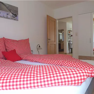 A cozy bedroom with a large bed, decorated with checkered bedding in red and white. In the background, there is a wardrobe and windows overlooking greenery.