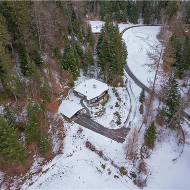 Ein malerisches Haus umgeben von schneebedeckten Bäumen. Die kurvige Straße führt sanft zum Gebäude.