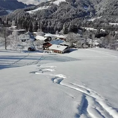 A winter landscape with snow-covered hills and a small farmhouse in the background. The surroundings are quiet and picturesque, surrounded by snow-covered trees.