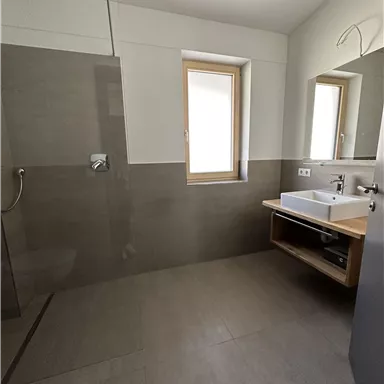 Ein modernes Badezimmer mit einer großflächigen Dusche und einem hellen Fenster. Der Waschbereich ist mit einem Holzunterbau ausgestattet.