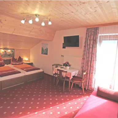 Ein gemütliches Hotelzimmer mit Holzverkleidung und einem großen Bett. Es gibt einen Fernseher, einen Tisch und einen Blick auf den Balkon.