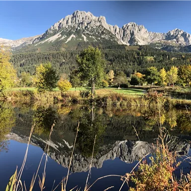 Eine malerische Berglandschaft mit hohen Gipfeln und bunten Bäumen im Vordergrund. Der ruhige See spiegelt die Schönheit der Natur wider.