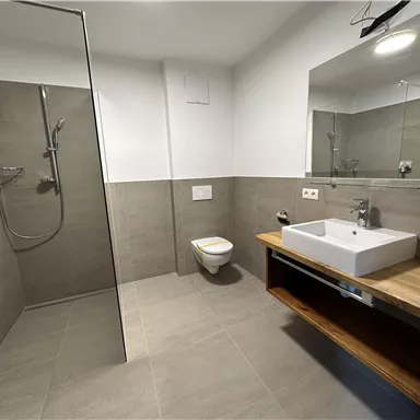 Ein modernes Badezimmer mit einer großen Dusche und einem stilvollen Waschbecken. Die Wände sind in neutralen Grautönen gehalten, ergänzt durch Holzelemente.