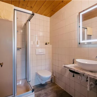 Ein modernes Badezimmer mit Duschkabine, Toilette und Waschbecken. Die Wände sind gefliest und es gibt einen beleuchteten Spiegel.