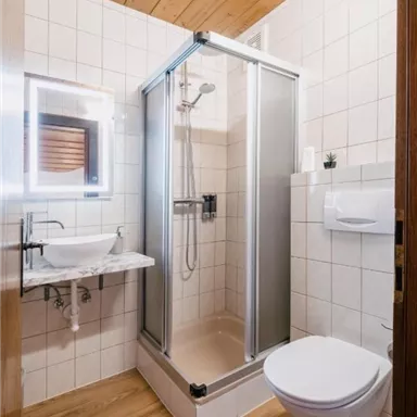 Ein modernes Badezimmer mit einer Dusche, einem Waschbecken und einer Toilette. Die Wände sind gefliest und der Boden ist aus Holz.