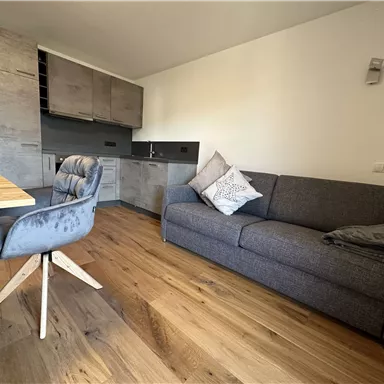 Ein modernes Wohnzimmer mit einem grauen Sofa und einem Holzstammtisch. Die Wände sind hell und es gibt eine gut ausgestattete Küchenzeile im Hintergrund.
