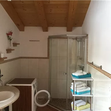 A modern bathroom with wooden ceilings and a glass shower cabin. Colorful towels are neatly stacked on a shelf.