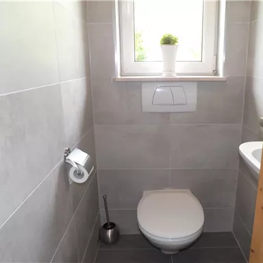 A small, modern bathroom with gray tiles. It is equipped with a toilet installation and a window that shows a plant.