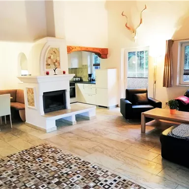 A modern living room with a fireplace and comfortable sofas. The room has large windows and plenty of natural light.