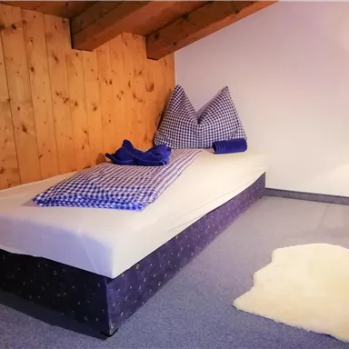 A simple bedroom with a single bed and rustic wooden walls. On the bed lies a blue blanket and pillows in a checked design.