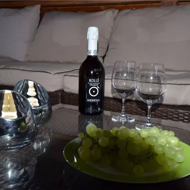 A stylish cover with a bottle of sparkling wine, two glasses, and a green grape on a plate. In the background, comfortable cushions on a couch are visible.