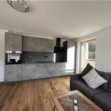 Moderne Küche mit grauen Schränken und einem offenen Wohnbereich. Ein gemütliches Sofa mit Dekokissen und ein Fenster mit natürlichem Licht sind ebenfalls zu sehen.