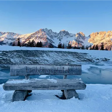A beautiful wooden bench stands in the snow with the engraving "Favorite place." In the background, majestic mountains and a clear blue sky can be seen.