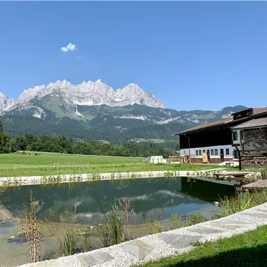 Eine malerische Landschaft mit einem Teich und einem Blick auf die majestätischen Berge. Im Vordergrund befindet sich ein rustikales Gebäude.