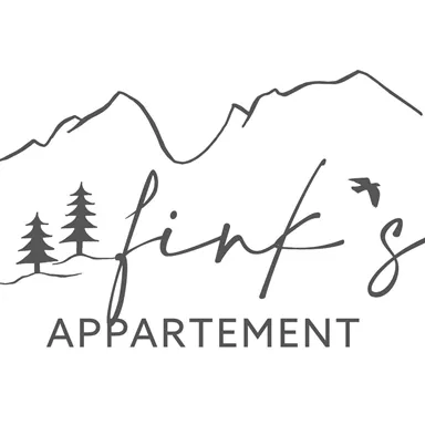 Ein stilisiertes Logo mit Bergen, Tannen und einem Vogel. Der Text zeigt "Fink's Appartement".