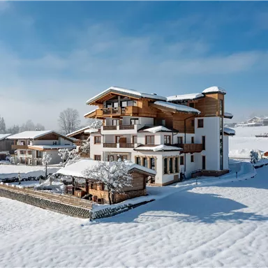 A beautiful, modern house in the snow. The surroundings are picturesque and surrounded by snow-covered trees.