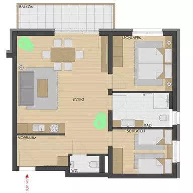 An apartment floor plan with several rooms such as a living room, two bedrooms, and a bathroom. It also shows a balcony and various areas like an entrance hall and a toilet.
