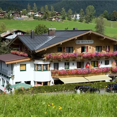 Ein malerisches Gasthaus mit blühenden Balkonpflanzen in den Alpen. Die umliegende Landschaft ist grün und hügelig, ideal für eine entspannte Auszeit.