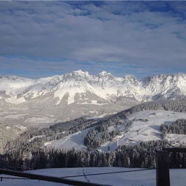 Eine winterliche Berglandschaft mit schneebedeckten Gipfeln und Wäldern. Der Himmel ist klar und beleuchtet.