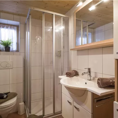 Ein modernes Badezimmer mit einer Dusche und einem großen Waschbecken. Die Wände sind hell gefliest und es gibt natürliche Lichtquellen.