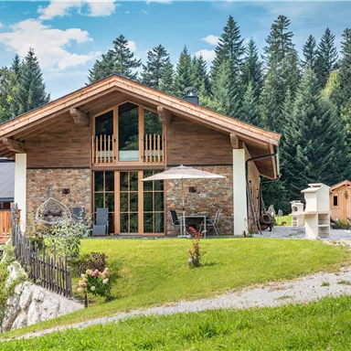 Ein modernes Chalet umgeben von Bäumen und Wiesen. Der große Garten lädt zum Entspannen ein.