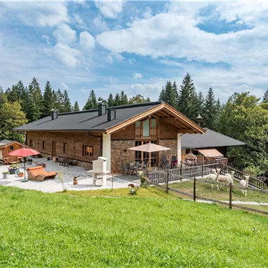 Ein modernes Holzhaus umgeben von grünen Wiesen und Bäumen. Die Terrasse ist mit roten Sonnenschirmen ausgestattet und bietet eine schöne Aussicht.