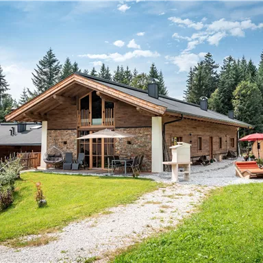 Ein modernes Holzhaus inmitten von grünen Wiesen und hohen Tannen. Die Umgebung ist ruhig und einladend, ideal für einen erholsamen Aufenthalt.