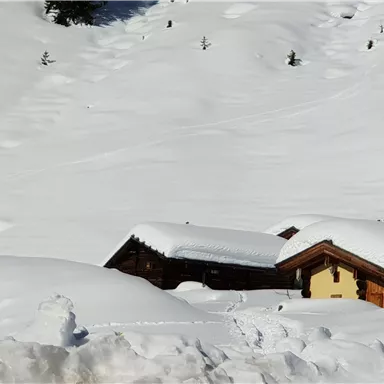 A rustic cabin is situated in a snowy landscape. The snow covers the surroundings and the sky is clear.