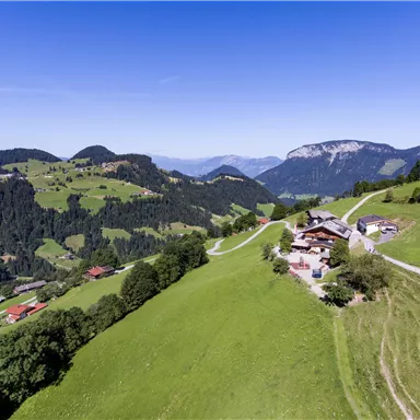 Eine malerische Alpenlandschaft mit sanften Hügeln und grünen Wiesen. Im Vordergrund steht ein traditionelles Bauernhaus, umgeben von Bergen und klarem Himmel.