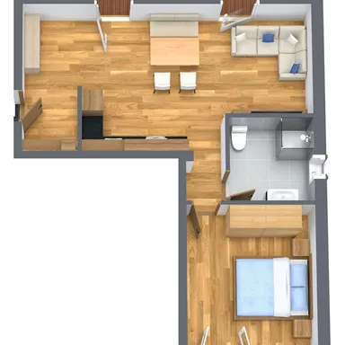 Eine farbige Grundrisszeichnung einer Wohnung, die verschiedene Räume zeigt. Die Aufteilung enthält ein Schlafzimmer, ein Badezimmer und einen Wohnbereich mit Tisch und Stühlen.