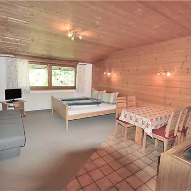 A cozy room with wooden walls, a double bed, and a dining table. There is a sofa, a television, and a small kitchenette.