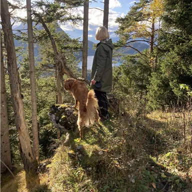 Eine Person steht im Wald und blickt auf die Landschaft. Neben ihr befindet sich ein Hund, umgeben von hohen Bäumen.