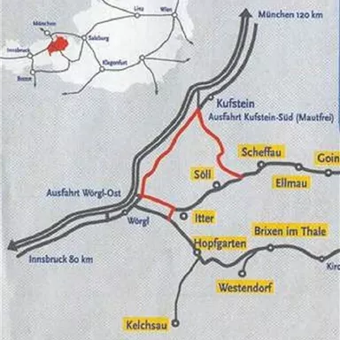 A road map of the region around Kufstein, showing toll-free access routes. Important places such as Söll, Itter, and Westendorf are marked.