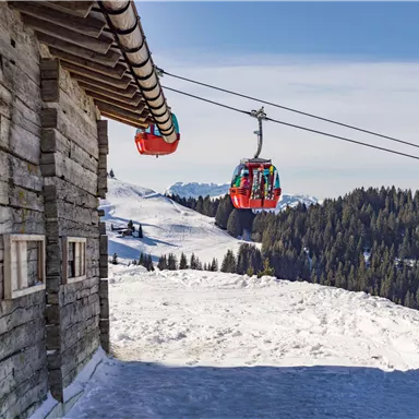 A cable car travels over snow-covered slopes in the mountains. In the background, dense green forests can be seen.