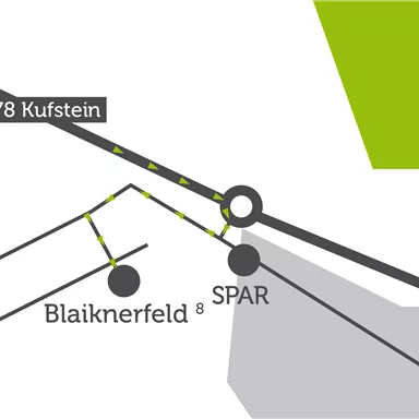 Eine einfache Karte, die den B178 in Kufstein zeigt. Sie enthält Markierungen für Blaiknerfeld und einen SPAR-Markt.