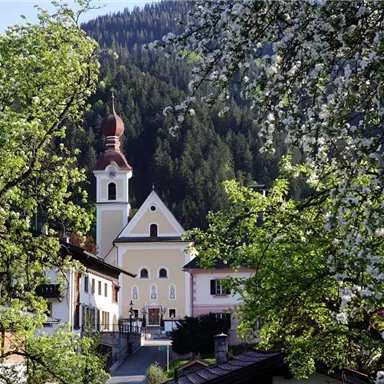 An idyllic landscape with blooming trees and a small village. In the background, a picturesque mountain rises.