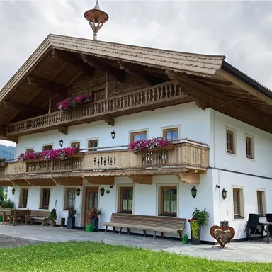 Ein traditionelles Holzhaus mit Balkon und bunten Blumenkästen. Umgeben von einer grünen Landschaft und Bergen.