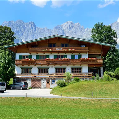 Ein familienfreundliches Alpenhaus mit Blumenbalkonen in einer grünen Wiese. Im Hintergrund sind die beeindruckenden Berge sichtbar.