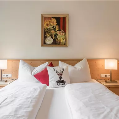 Ein gemütliches Schlafzimmer mit zwei Betten und einem roten Kissen. An der Wand hängt ein Gemälde mit Blumen.