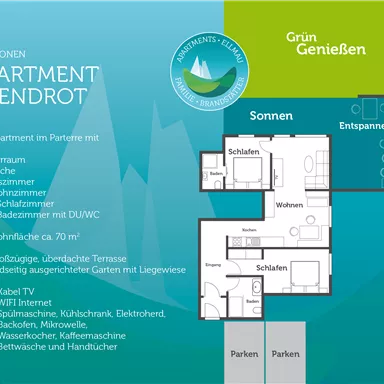 Ein Apartment mit Platz für 4 Personen, ausgestattet mit Wohnzimmer, Esszimmer, Küche und zwei Schlafzimmern. Das Apartment bietet eine große Terrasse und einen Gartenbereich.