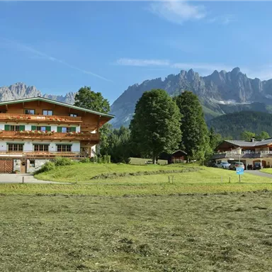 Ein malerisches Alpenhaus in einer grünen Wiese, umgeben von Bergen. Der Himmel ist klar und blauer Himmel sichtbar.