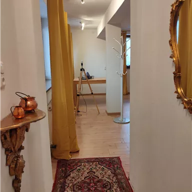 A bright hallway with hardwood flooring and a red carpet. In the background, curtains and a large wall mirror can be seen.