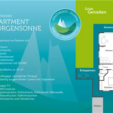 Die Grafik zeigt den Grundriss des Apartments Morgensonne, das für 2 bis 3 Personen geeignet ist. Es enthält verschiedene Räume wie Wohnzimmer, Schlafzimmer und eine große Terrasse.