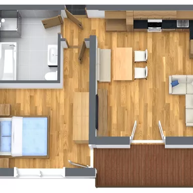 Eine moderne Wohnung mit einem offenen Wohnbereich, einer Küche und einem Schlafzimmer. Die Ausstattung ist hell und einladend, mit Holzfußboden und einfacher Möblierung.