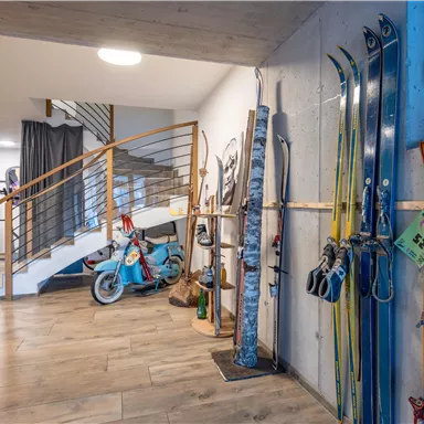 A modern foyer with skis and an old bicycle. The walls are in neutral tones and there is a staircase in the background.